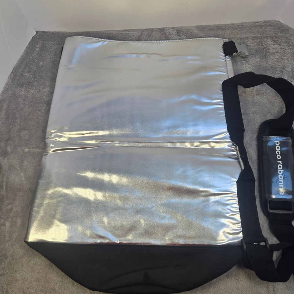 Paco Rabanne Metallic Silver Roll Top Messenger Bag Crossbody Black Strap Large